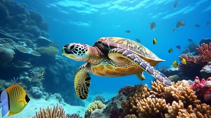 Red sea diving big sea turtle sitting on colorful coral reef