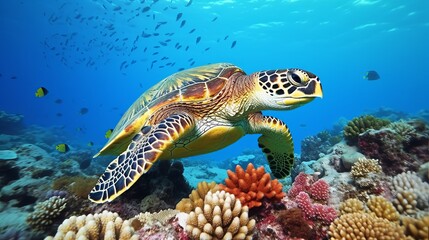 Obraz premium Red sea diving big sea turtle sitting on colorful coral reef
