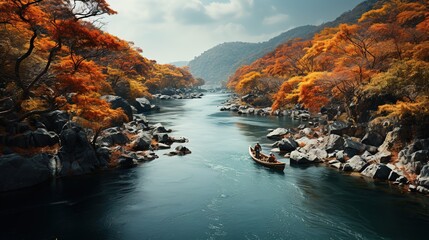 aerial shot of the river with a group of trees around it, in the style of  tradition, sky-blue and orange, captivating documentary photos, colorful animation stills, leaf patterns, curved mirrors