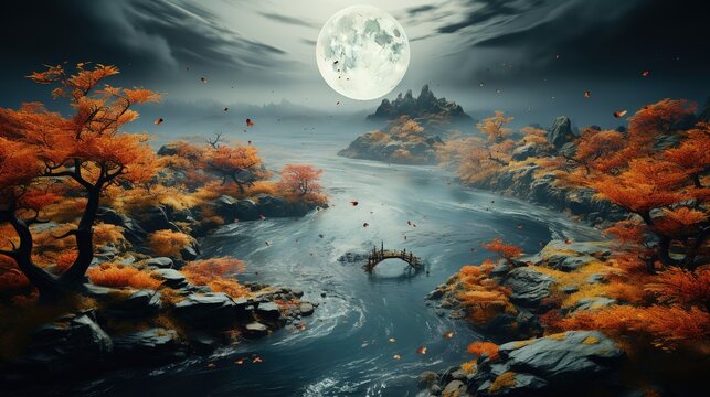 aerial shot of the river with a group of trees around it, in the style of  tradition, sky-blue and orange, captivating documentary photos, colorful animation stills, leaf patterns, curved mirrors
