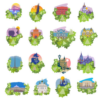 Hand drawn illustration. Set of icons. Architectural symbols of Kyiv, colorful miniature icons on a white background. 