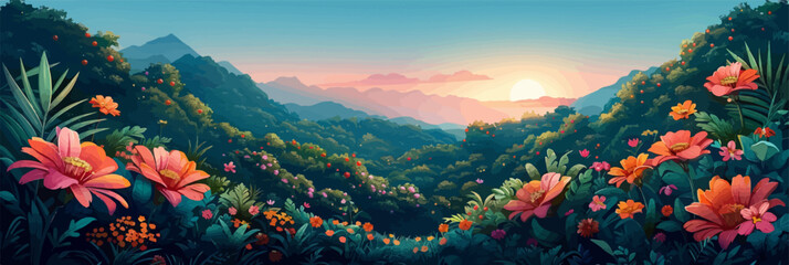 Vector illustration peaceful paradise scene, nature flowers and mountains landscape - obrazy, fototapety, plakaty