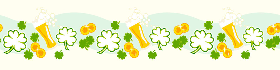 St. Patricks day seamless border with lucky clover, gold coin and beer drink - 746687926