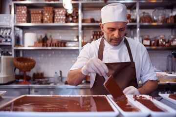 Skilled Chocolatier Perfecting Chocolate Spread in Workshop