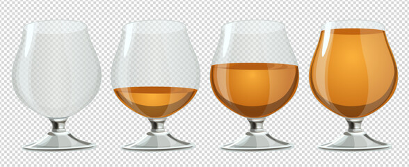 Cognac glass of cognac or whiskey of varying degrees of fullness from empty to full on the background imitating transparency. Image produced without the use of any form of AI software at any stage - obrazy, fototapety, plakaty