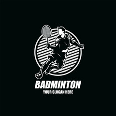 Abstract silhouette of a badminton player on black background. The badminton player man hits the shuttlecock. Vector illustration