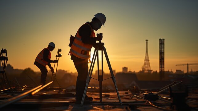 Silhouette black man survey civil engineer stand on ground working in a land building site over Blurred construction worker on industrial site