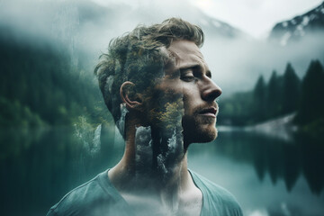 Generative ai picture double exposure of a man head on mountain and forest background yoga zen concept - obrazy, fototapety, plakaty