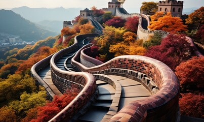 aerial view of the great wall, in the style of light maroon and blue, naturalistic lighting, nature-inspired, yellow and green, landscape mastery, orange and indigo