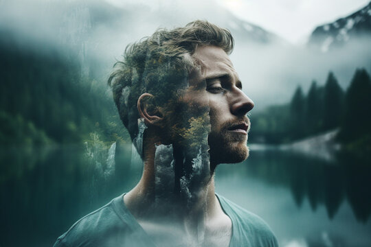 Generative ai picture double exposure of a man head on mountain and forest background yoga zen concept