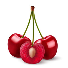 Isolated red cherries on one stem on white. Three sweet cherry fruits on one stem, one cut in half with a pit - 746688308