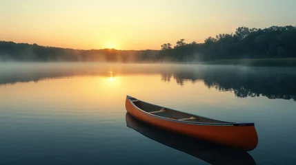 Photo sur Plexiglas Réflexion A single canoe rests on the calm waters of a misty lake reflecting the golden sunrise and the surrounding forest. Resplendent.
