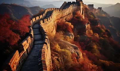 Poster aerial view of the great wall, in the style of light maroon and blue, naturalistic lighting, nature-inspired, yellow and green, landscape mastery, orange and indigo © Smilego
