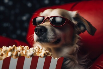 Funny dog watching 3D movie in glasses and eating popcorn at cinema generative AI