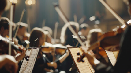A symphony orchestra in full swing, with a focus on the vibrant strings section. - obrazy, fototapety, plakaty