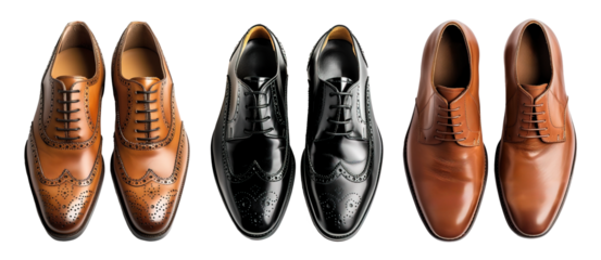 Top view of elegant Italian male shoes in brown and black tones over isolated transparent background