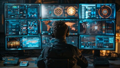 Cyber Threat Detection: Vigilance in Action, cyber threat detection with an image showing a cybersecurity professional monitoring screens displaying real-time alerts and threat indicators, AI