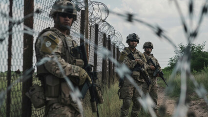 Soldiers stand vigilant beside a barbed-wire fence, securing the border.
