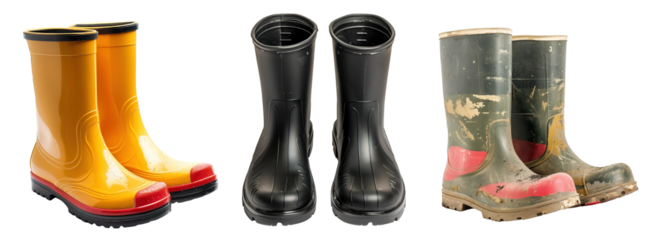 Rain boots in different colors over isolated transparent background