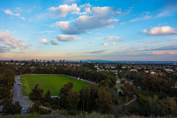 View looking at the Will Rogers State Historic Park Polo Field. Picture taken in Los Angeles during sunset.