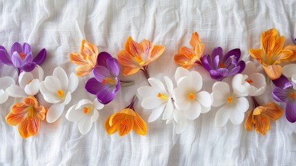 A row of vibrant purple crocus flowers, each adorned with striking orange stamens, is elegantly displayed on textured white crumpled fabric.