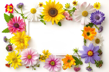 Fototapeta premium Spring template frame design with spring colorful flowers and copy space in the middle for text over white background