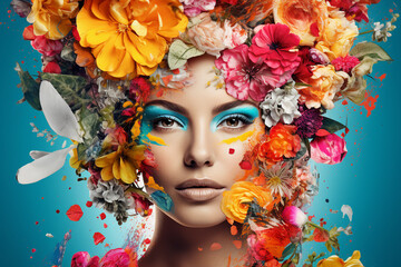 Painting drawing generative ai collage of woman with flowers in modern art style
