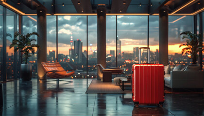 Red Suitcase in Luxurious Airport Lounge Overlooking Cityscape at Sunset - obrazy, fototapety, plakaty