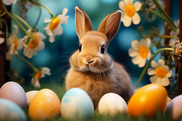 Fototapeta na wymiar Funny Easter themed Generative AI illustration eggs bunny dinner celebration party nature atmosphere