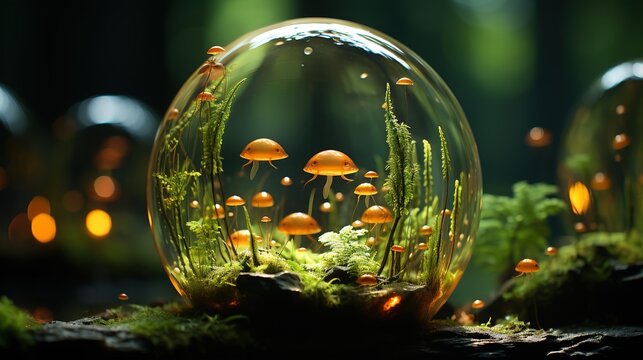 aliens in a bubble, in the style of cottagepunk, tender depiction of nature, uhd image, detailed miniatures, water drops
