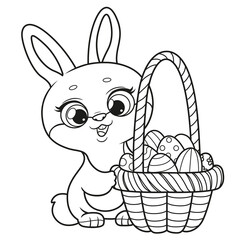 Cute cartoon bunny with basket of Easter decorated eggs outlined for coloring on a white background. Image produced without the use of any form of AI software at any stage