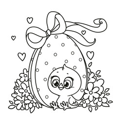 Cute cartoon chicken with Easter egg surrounded flowers outlined on a white background. Image produced without the use of any form of AI software at any stage