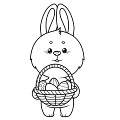 Cute bunny with basket with Easter decorated eggs outlined for coloring on a white background. Image produced without the use of any form of AI software at any stage
