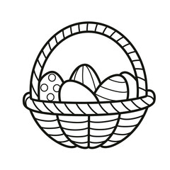 Small basket  full of painted Easter eggs outlined for coloring on a white backgrou