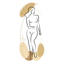 Silhouette of a cute lady and leaves of a plant. The girl is standing. The woman has a beautiful naked figure. She is young and slim. Vector illustration.