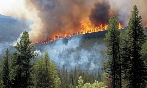 Large forest fire in the mountains. Catastrophe