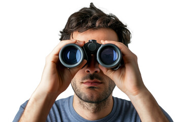Man look through binoculars isolated on white background, front view