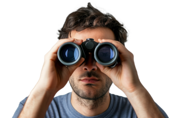 Man look through binoculars isolated on white background, front view
