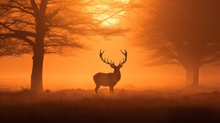 Silhouette of a red deer stag in the mist