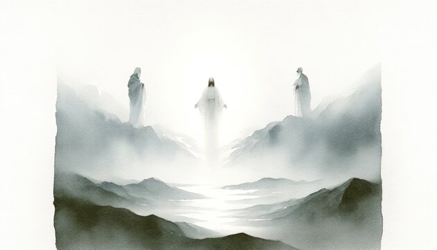 The greatest miracle: Transiguration of Jesus. Jesus appearing with the prophet Elijah and Moses. Digital watercolor painting.
