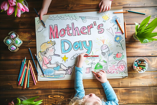 Top view of kids drawing with colors a letter for Mother's Day