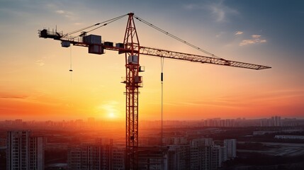 Silhouette of construction site crane in sunset