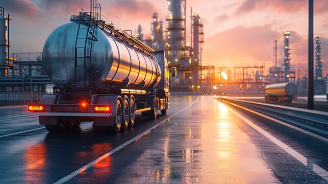  Transportation of oil and natural gas by truck. Oil Refinery factory and petrochemical plant. Petroleum industry. On the move, with energy.
