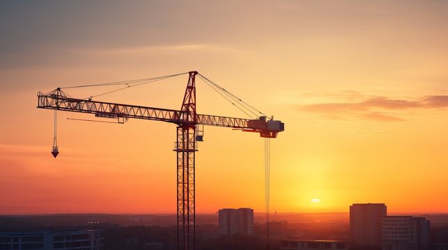 Silhouette of construction site crane in sunset