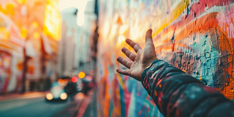 Fototapeta na wymiar Artist hand reaching with graffiti wall in the street as backgorund