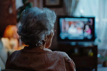 Fototapeta premium Senior woman watching television series, sitting comfortably in her living room chair. Joy of leisurely entertainment and relaxation in retirement