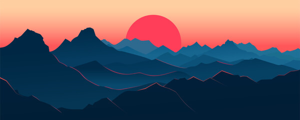 Beautiful mountain panoramic landscape at sunrise. Stunning landscape of a red sunset over the silhouettes of mountains and peaks. Amazing vector illustration for design, poster, banner or print.