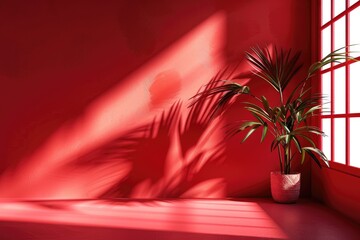 Red studio background with window shadows  palm leaves  copy space.