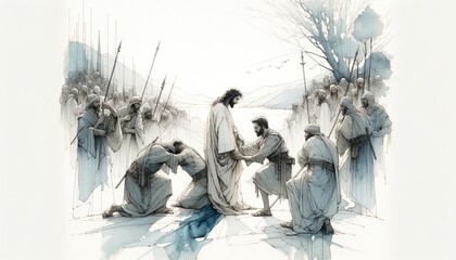 Naklejka premium Betrayal and arrest. Life of Jesus. Digital drawing.