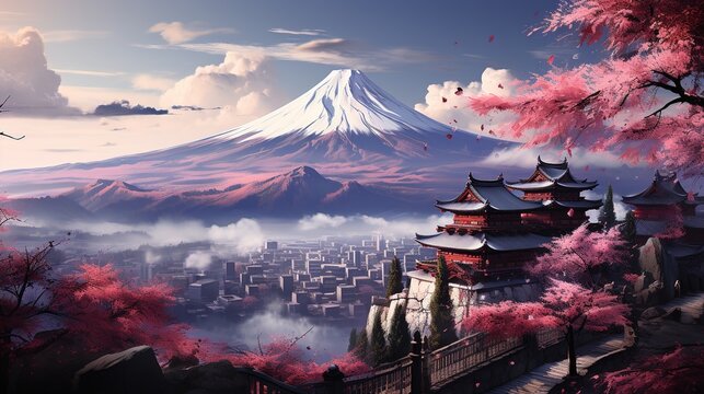 an aerial image of through the cherry blossoms, in the style of grandiose architecture, light purple and red, piles/stacks, landscape mastery, culturally diverse elements, calming effect, spir